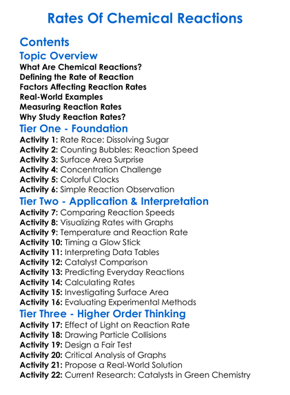 Rates Of Chemical Reactions Worksheet Activity Booklet