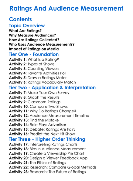 Ratings And Audience Measurement Worksheet Activity Booklet