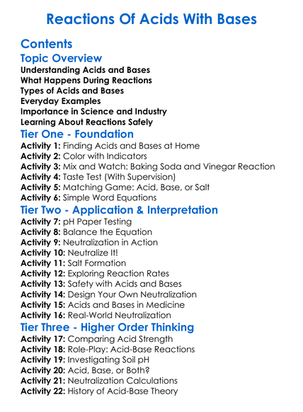 Reactions Of Acids With Bases Worksheet Activity Booklet