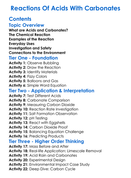 Reactions Of Acids With Carbonates Worksheet Activity Booklet