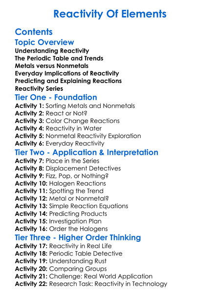 Reactivity Of Elements Worksheet Activity Booklet