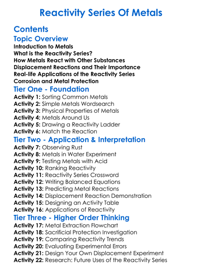 Reactivity Series Of Metals Worksheet Activity Booklet