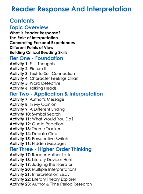 Reader Response And Interpretation Worksheet Activity Booklet