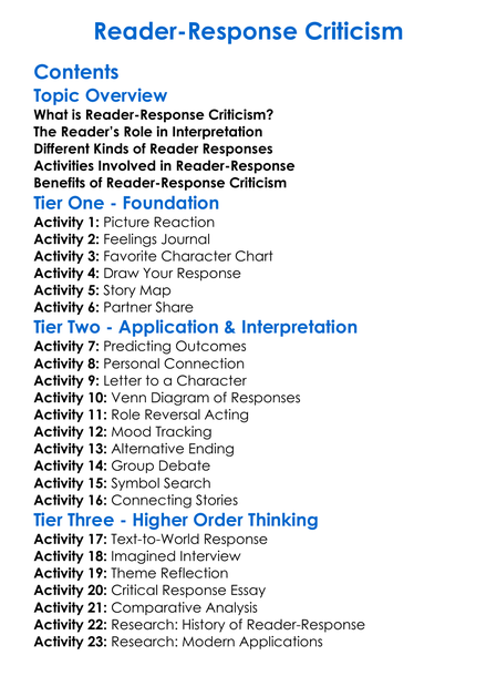 Reader-Response Criticism Worksheet Activity Booklet