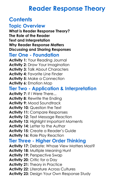 Reader Response Theory Worksheet Activity Booklet