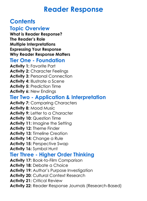 Reader Response Worksheet Activity Booklet