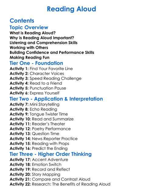 Reading Aloud Worksheet Activity Booklet