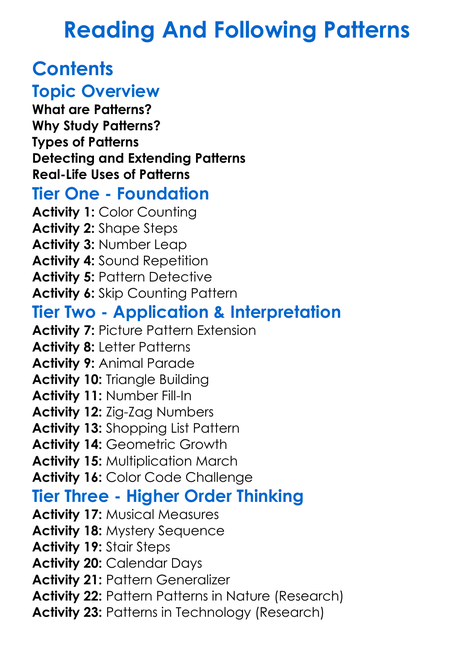 Reading And Following Patterns Worksheet Activity Booklet