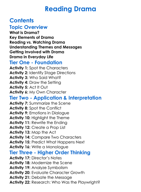 Reading Drama Worksheet Activity Booklet