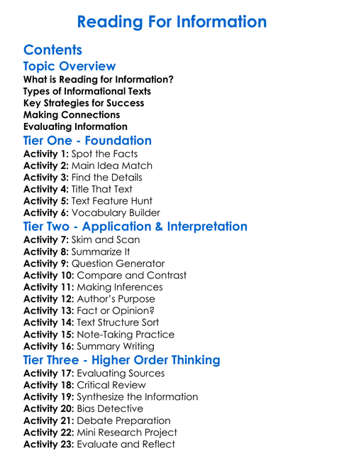 Reading For Information Worksheet Activity Booklet