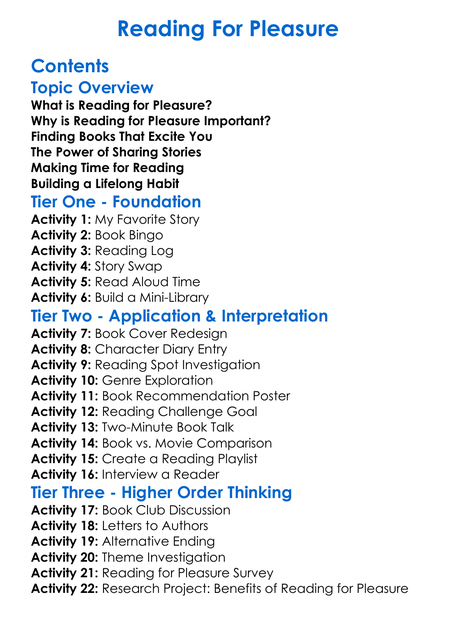 Reading For Pleasure Worksheet Activity Booklet
