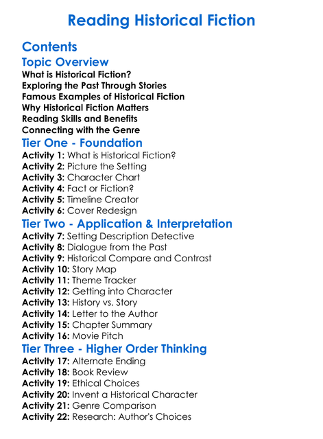 Reading Historical Fiction Worksheet Activity Booklet