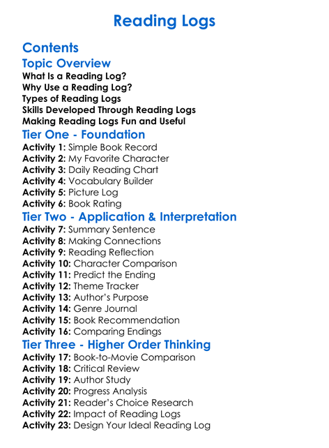 Reading Logs Worksheet Activity Booklet