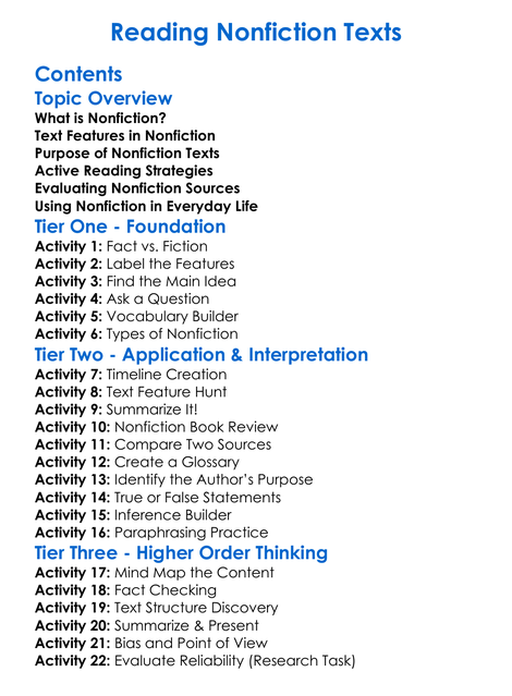 Reading Nonfiction Texts Worksheet Activity Booklet