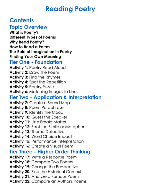 Reading Poetry Worksheet Activity Booklet