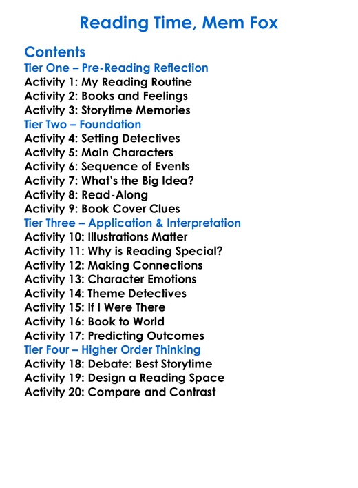Reading Time Mem Fox Worksheet Activity Booklet