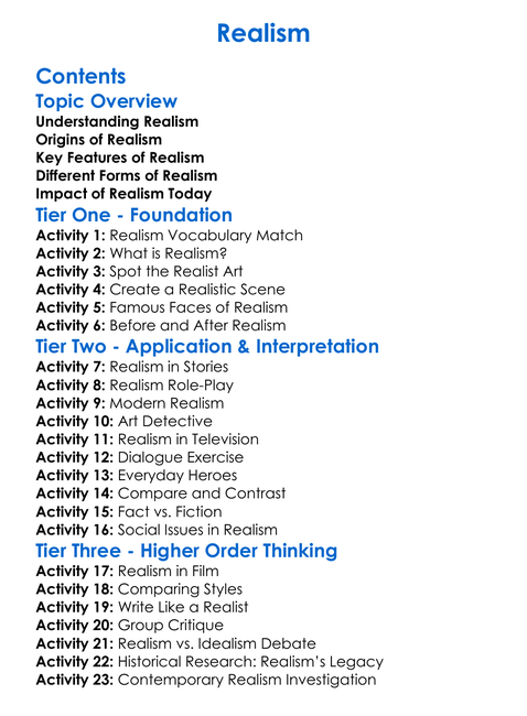 Realism Worksheet Activity Booklet