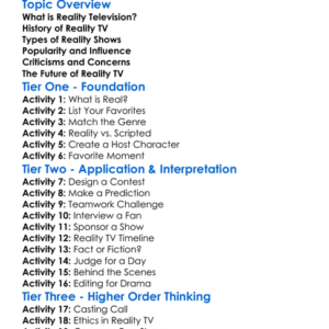 Reality Television Worksheet Activity Booklet