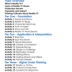 Reality Tv Analysis Worksheet Activity Booklet