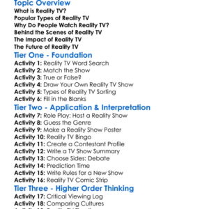 Reality Tv Worksheet Activity Booklet