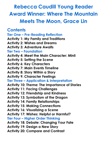 Rebecca Caudill Where The Mountain Meets The Moon Grace Lin Worksheet Activity Booklet