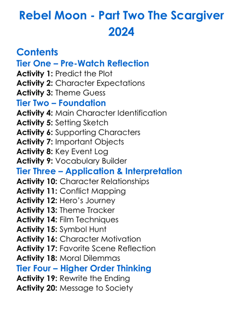 Rebel Moon Worksheet Activity Booklet