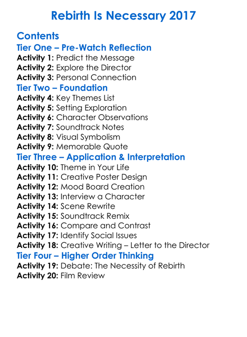 Rebirth Is Necessary 2017 Worksheet Activity Booklet