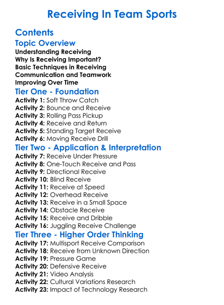 Receiving In Team Sports Worksheet Activity Booklet