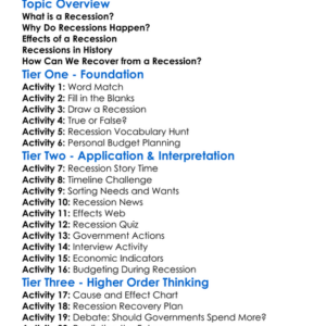 Recession Worksheet Activity Booklet