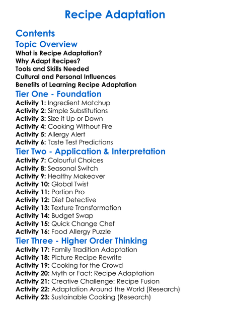 Recipe Adaptation Worksheet Activity Booklet