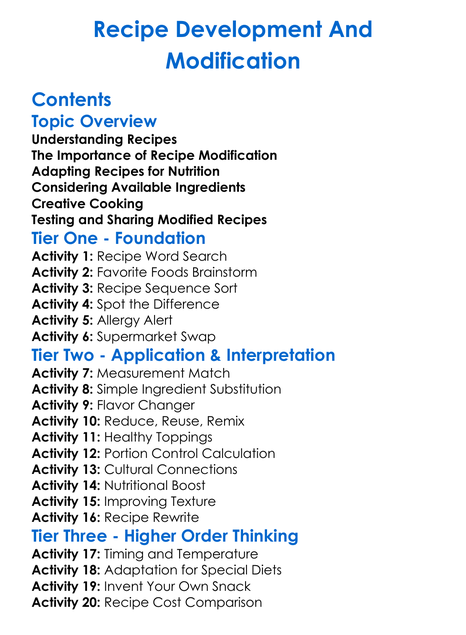 Recipe Development And Modification Worksheet Activity Booklet