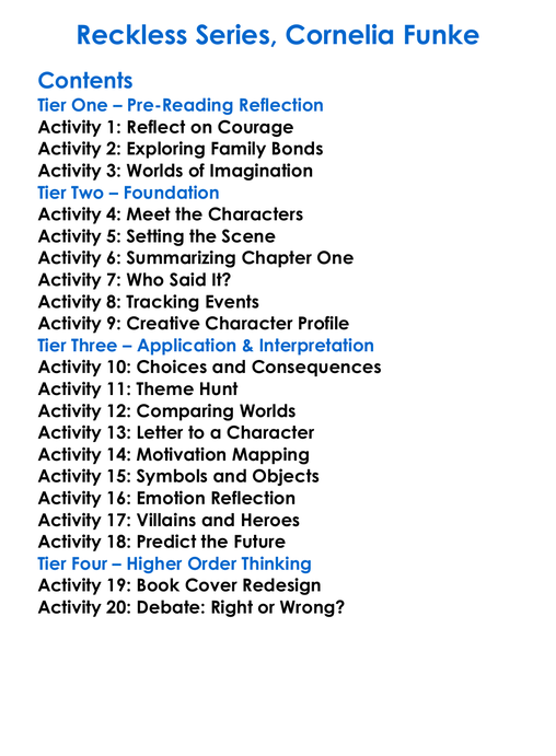 Reckless Series Cornelia Funke Worksheet Activity Booklet