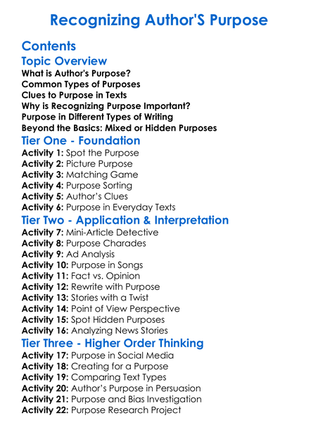 Recognizing Authors Purpose Worksheet Activity Booklet