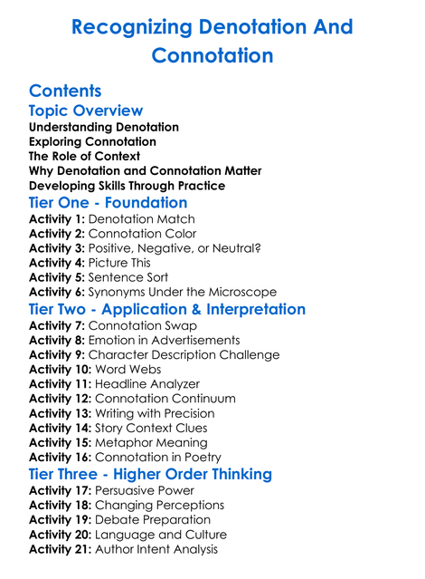 Recognizing Denotation And Connotation Worksheet Activity Booklet
