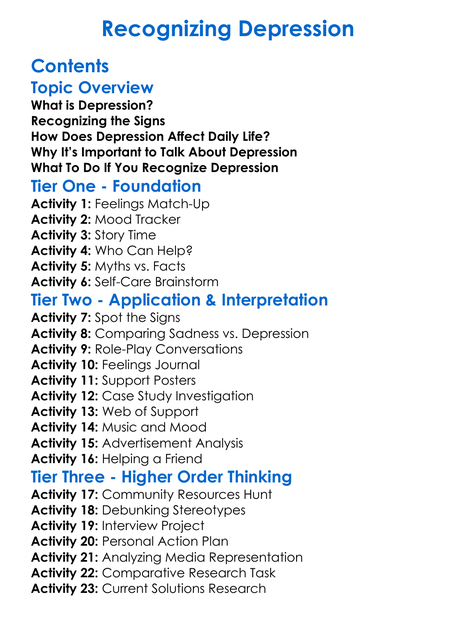 Recognizing Depression Worksheet Activity Booklet