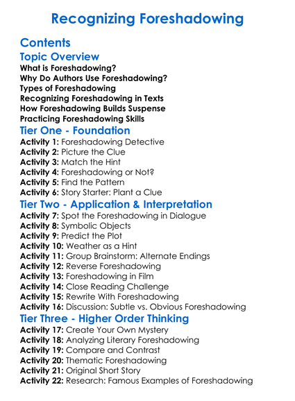Recognizing Foreshadowing Worksheet Activity Booklet