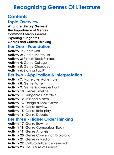 Recognizing Genres Of Literature Worksheet Activity Booklet