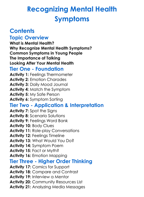 Recognizing Mental Health Symptoms Worksheet Activity Booklet