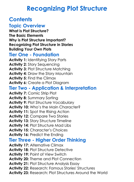 Recognizing Plot Structure Worksheet Activity Booklet