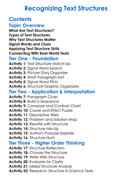 Recognizing Text Structures Worksheet Activity Booklet