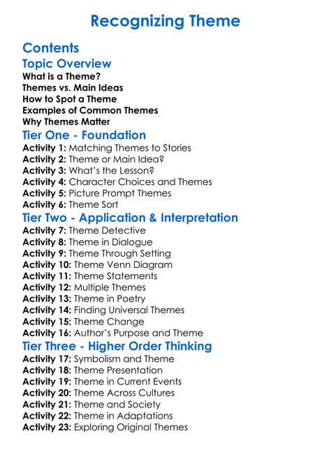 Recognizing Theme Worksheet Activity Booklet