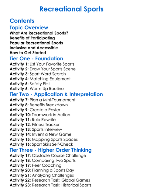Recreational Sports Worksheet Activity Booklet