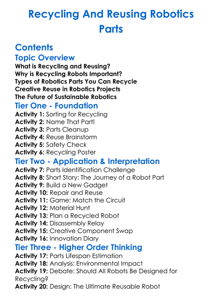 Recycling And Reusing Robotics Parts Worksheet Activity Booklet