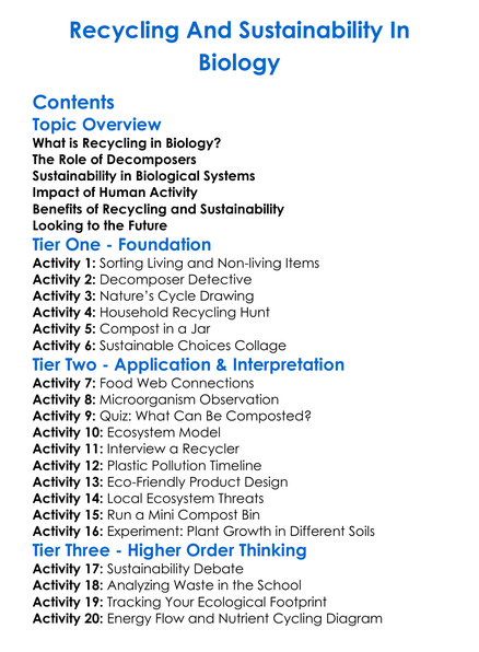 Recycling And Sustainability In Biology Worksheet Activity Booklet