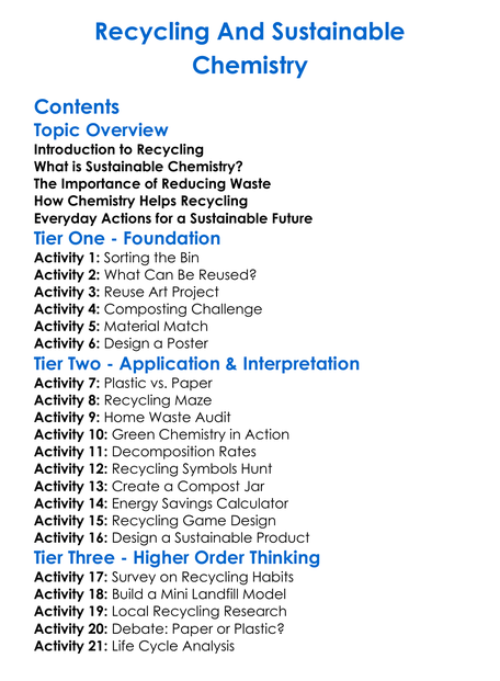Recycling And Sustainable Chemistry Worksheet Activity Booklet