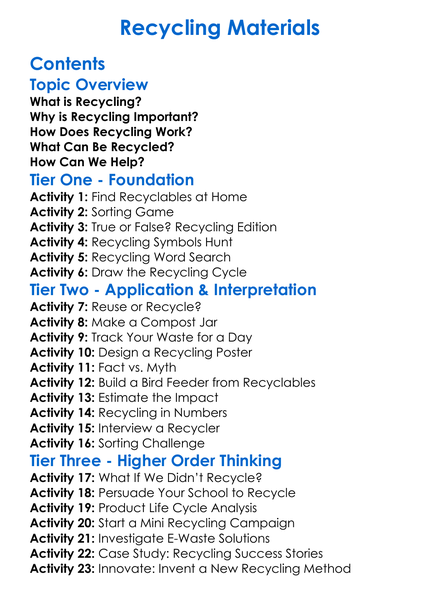 Recycling Materials Worksheet Activity Booklet