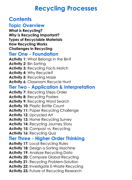 Recycling Processes Worksheet Activity Booklet