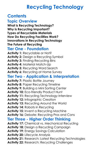 Recycling Technology Worksheet Activity Booklet