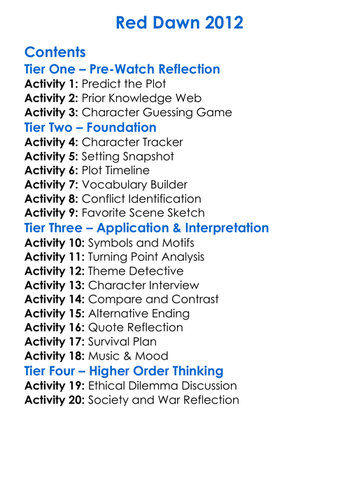 Red Dawn 2012 Worksheet Activity Booklet