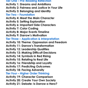 Red Rising Pierce Brown Worksheet Activity Booklet